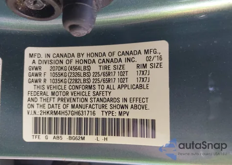 2016 Honda Cr-V Ex z USA, uszkodzony, nr VIN 2HKRM4H57GH631716